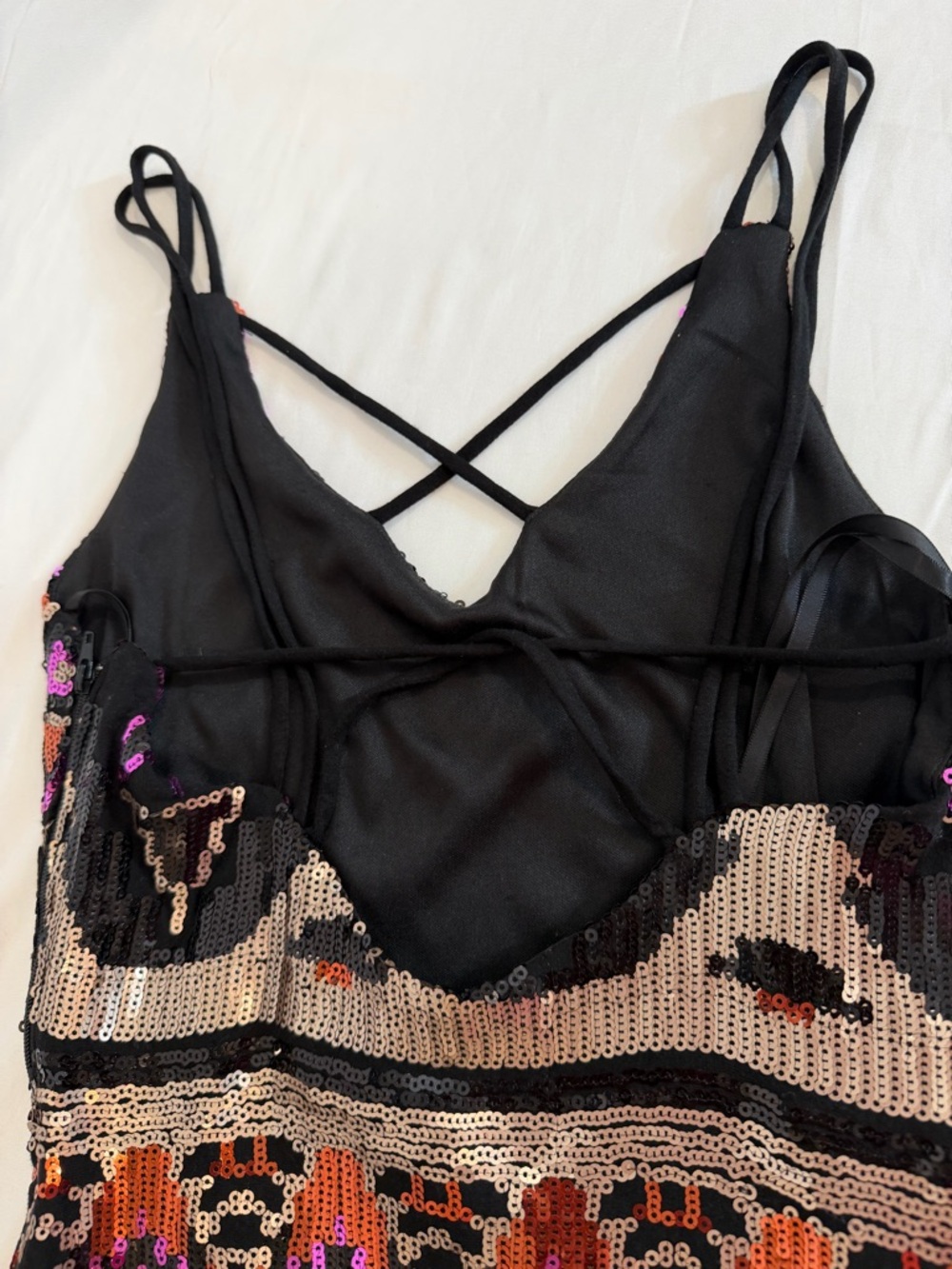 Sequin Mini Dress Size 1 Black Pink Geometric Aztec Strappy Party - Picture 15 of 15